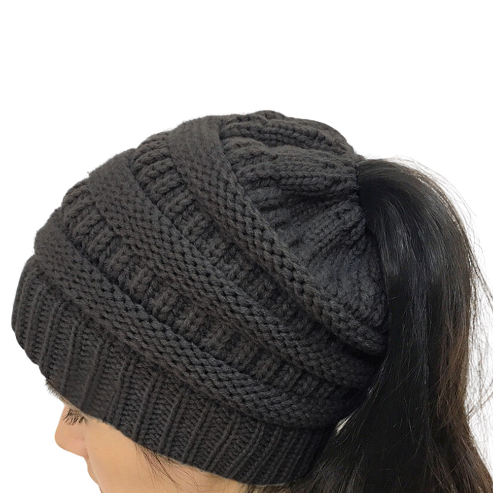 Women Girls Winter Cable Knit Ponytail Beanie High Bun Crochet Hat