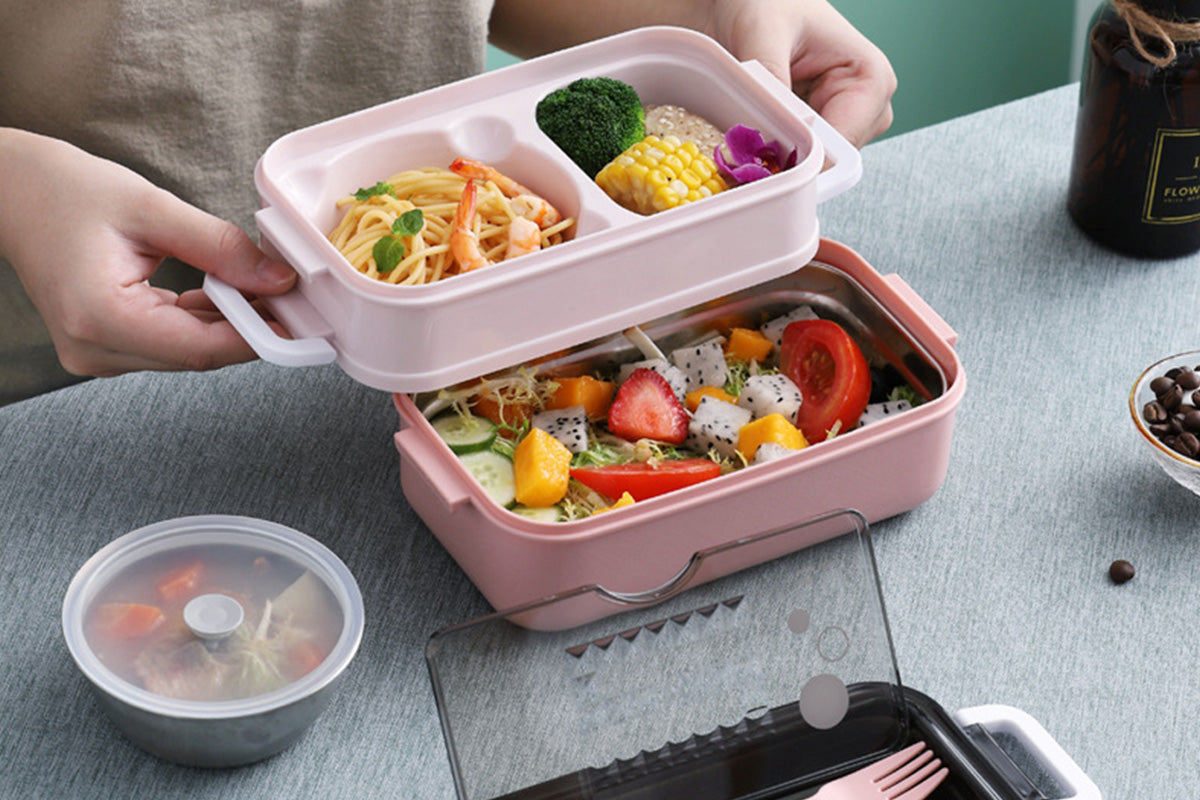 Bento Box Stackable 3-Compartment Lunch Containers With Dinnerware And Seal Cover