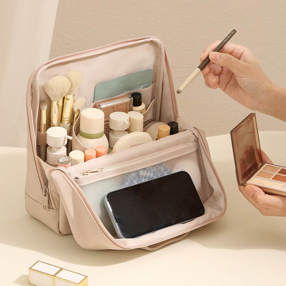 Portable PU Leather Standing Makeup Organizer Bag Makeup Brush Pouch