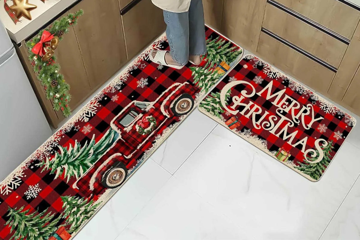 2PCS Christmas Floor Mats Set Non Slip Kitchen Rug for Bathroom Living Room Doorway