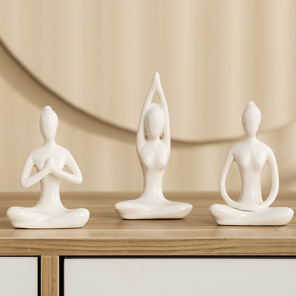 4Pcs White Ceramic Yoga Pose Statue Sculpture
