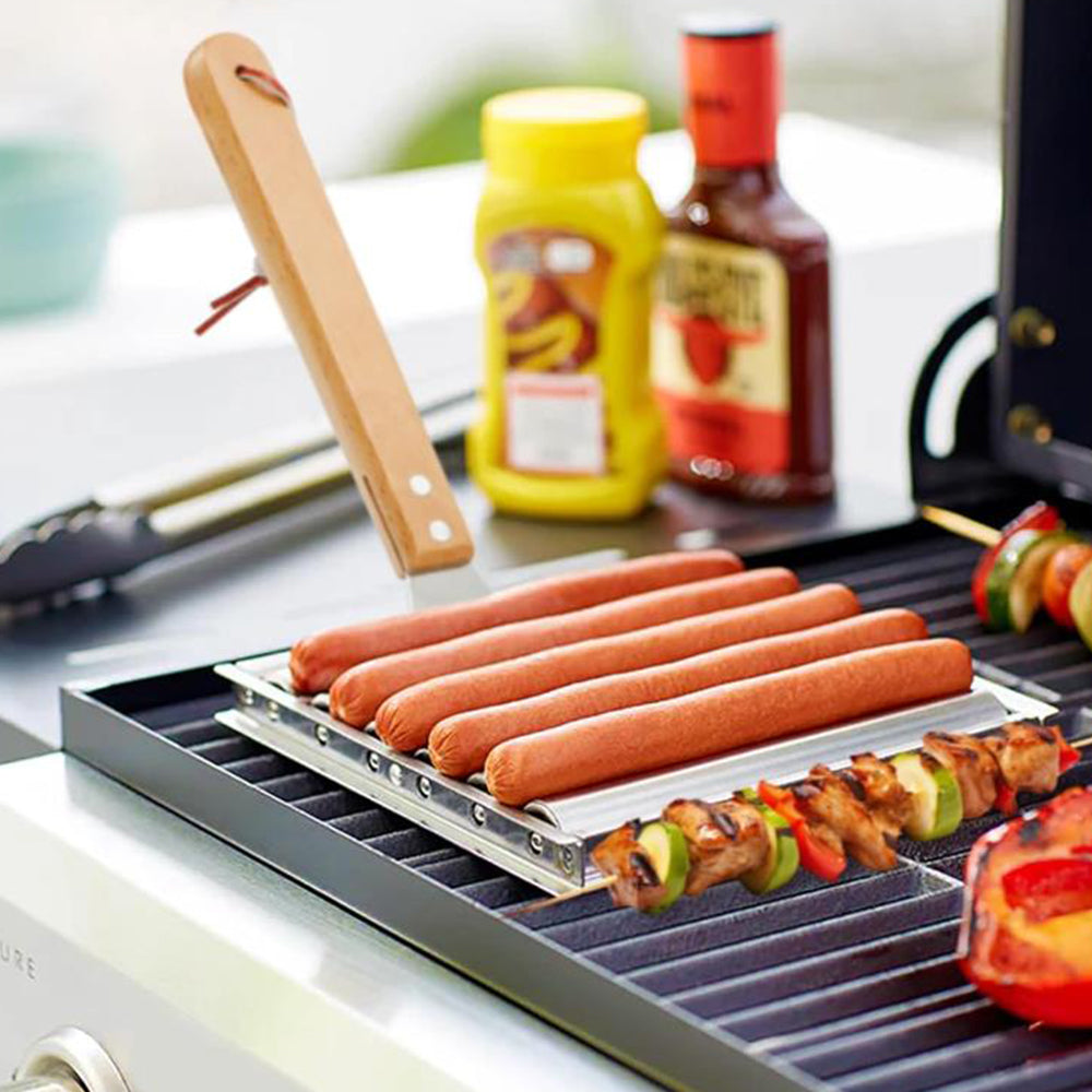 Stainless Steel Hot Dog Grill with Wooden Handle and 4 BBQ Skewers