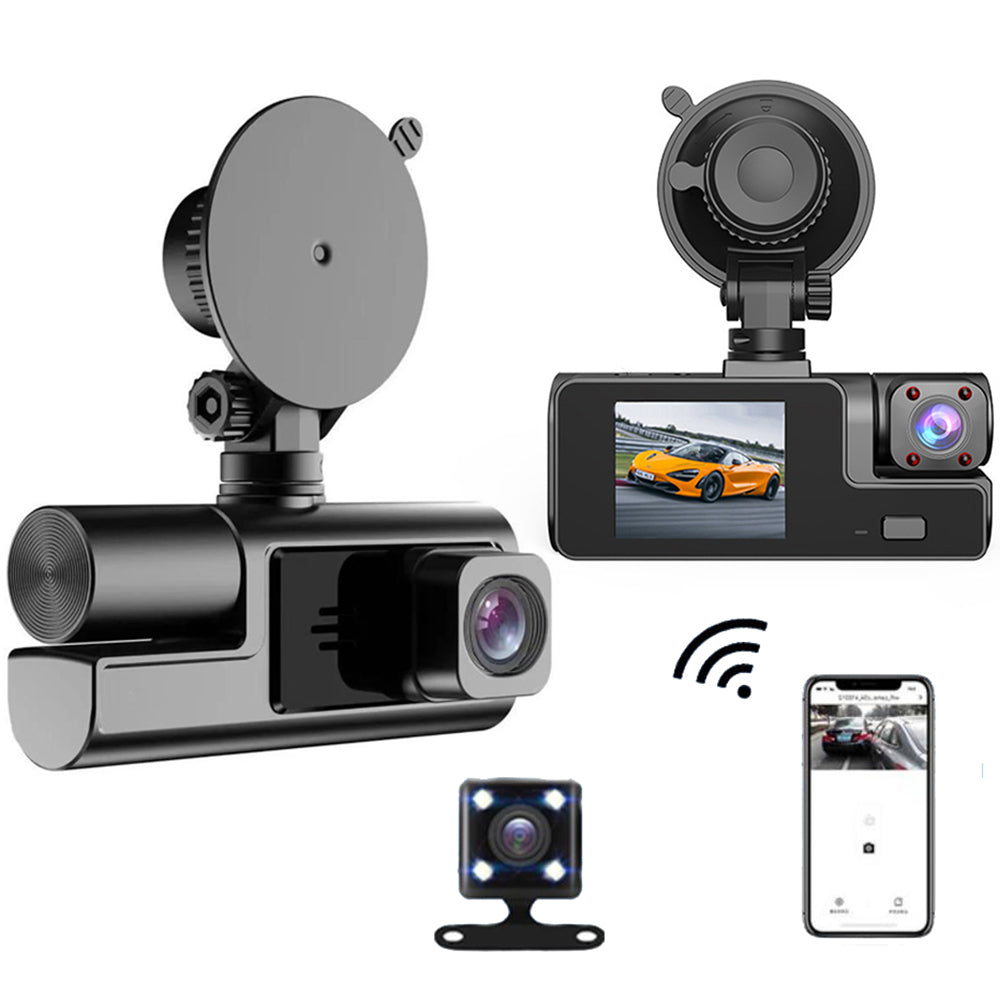 3 Channel Wi-Fi Dash Cam 2inch IPS Dash Cam Front and Rear Night Vision Dash Cam