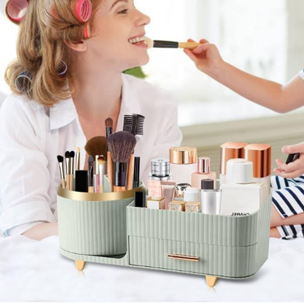 360 Degree Rotating Makeup Organizer for Brush Holder and Drawers