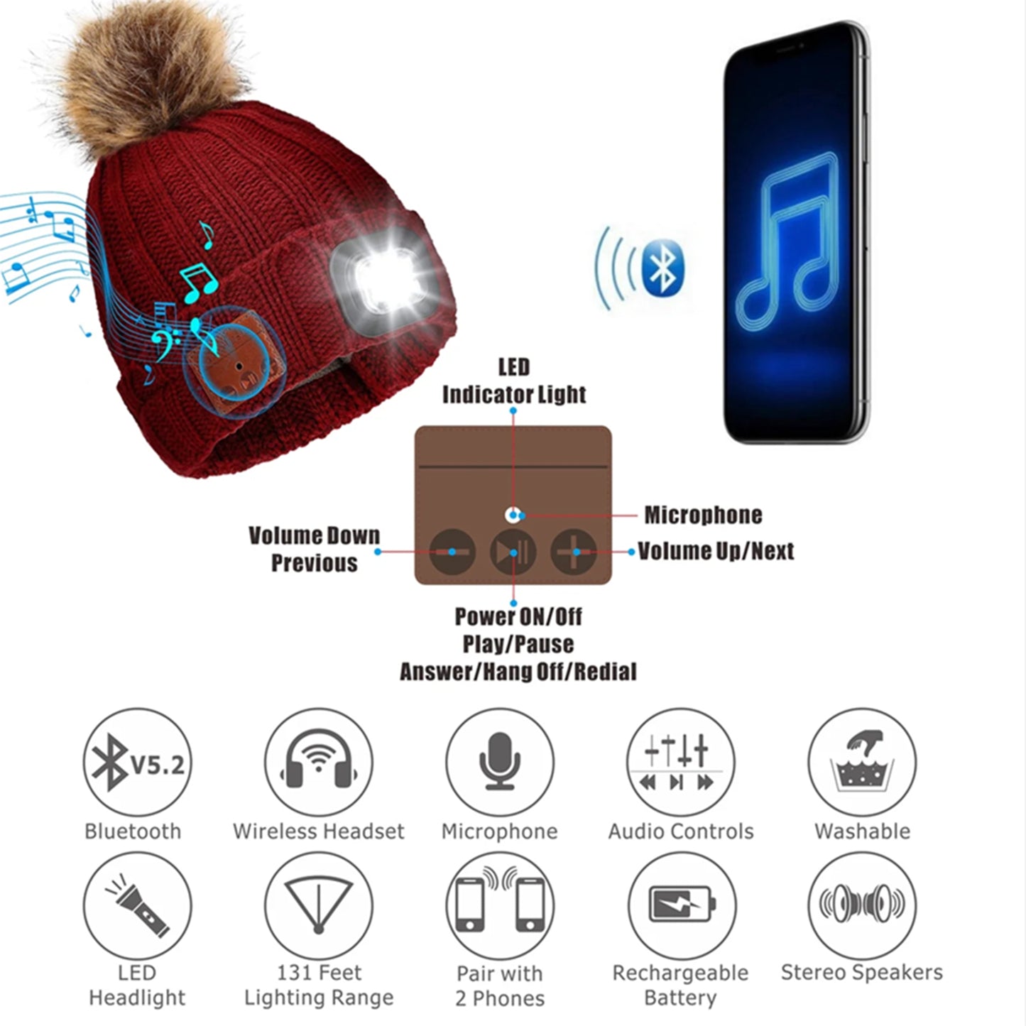 400mAh USB Rechargeable Bluetooth 5.2 Hat Stereo Headphone with 4 LED Light