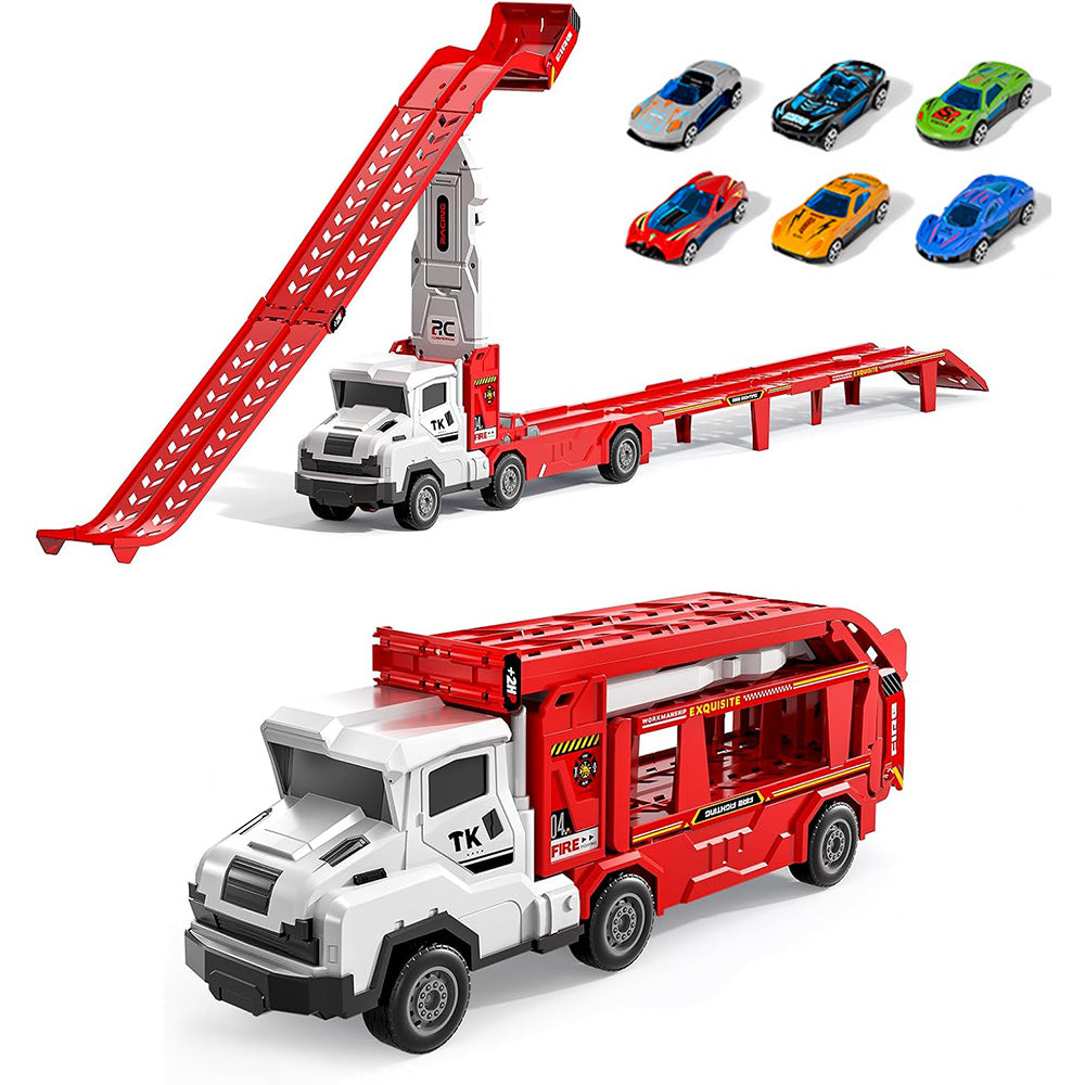 Large Dual Track Transporter Truck Toy Set with 6 Alloy Racing Cars