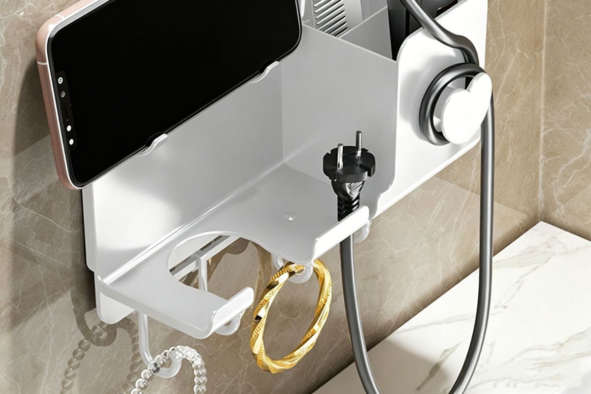 Adhesive Wall Mount Hair Dryer Holder with Phone Stand and Cord Organizer