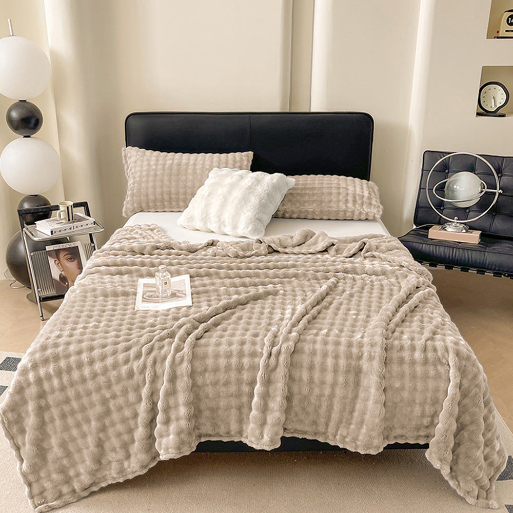 Bubble Fleece Blanket Soft Textured Throw for Sofa Bed Home Decor-Khaki