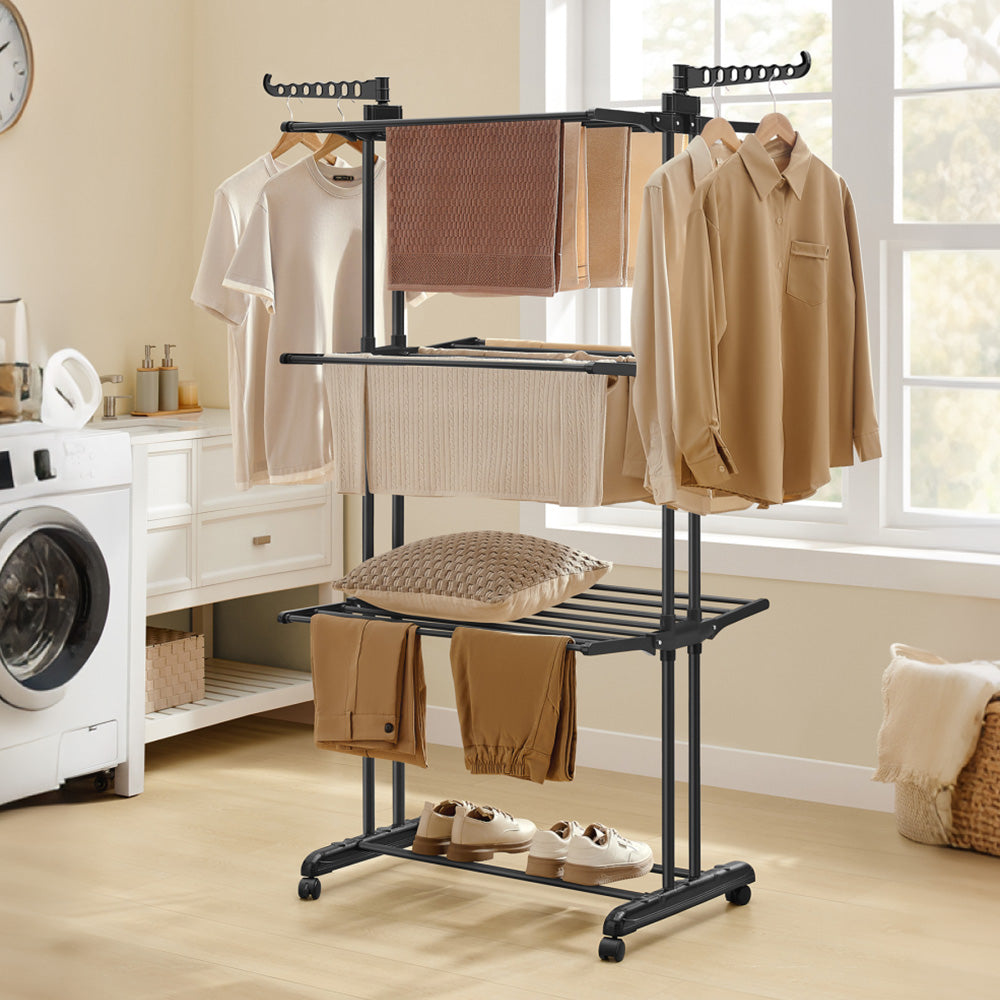 4 Tier Foldable Clothes Drying Rack with Wheels and Storage Hooks