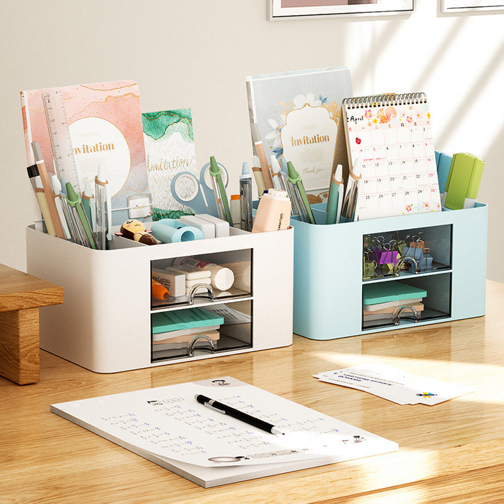 Pen Organizer with 2 Drawer Multi-Functional Pencil Holder for Desk