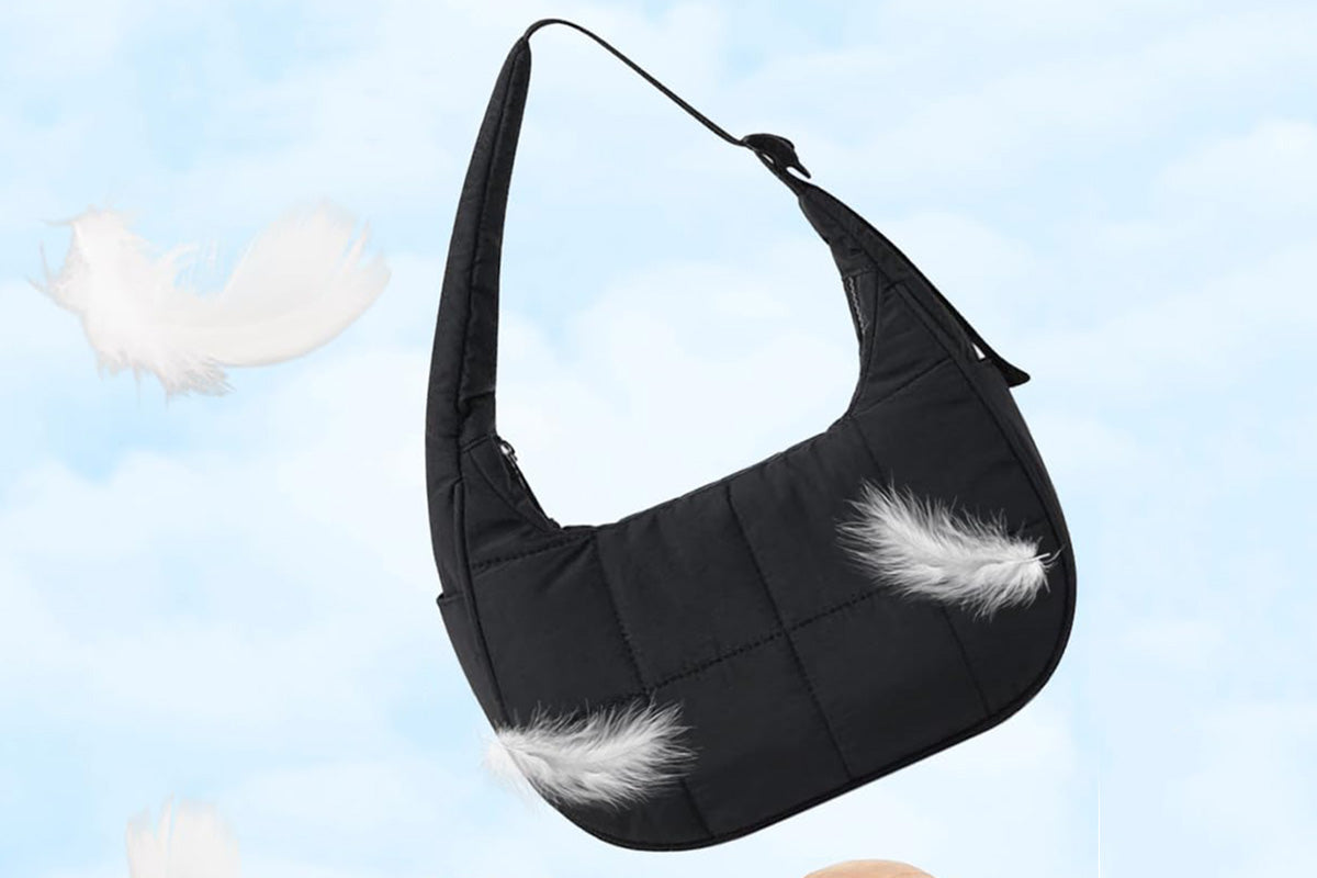 Small Puffer Crescent Shoulder Bag for Women Nylon Quilted Handbag with Adjustable Strap