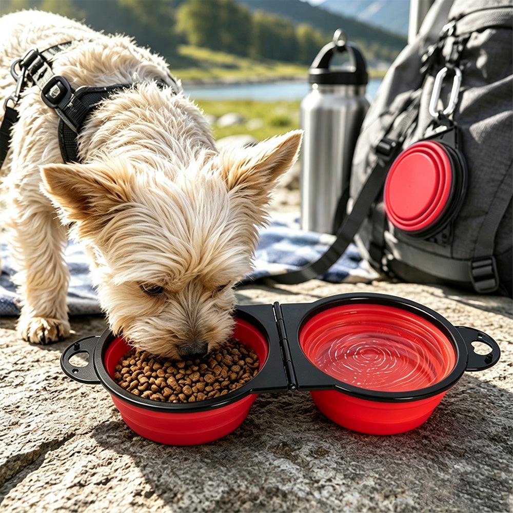 Portable Foldable Dual Pet Bowls for Cats Dogs Outdoor Home Use