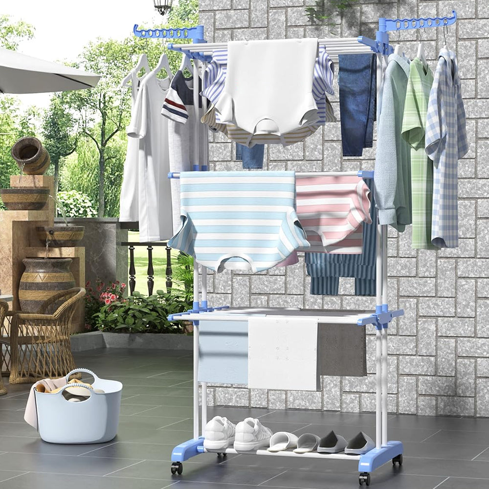 4-Tier Clothes Drying Airer Foldable Stainless Steel Movable Drying Rack