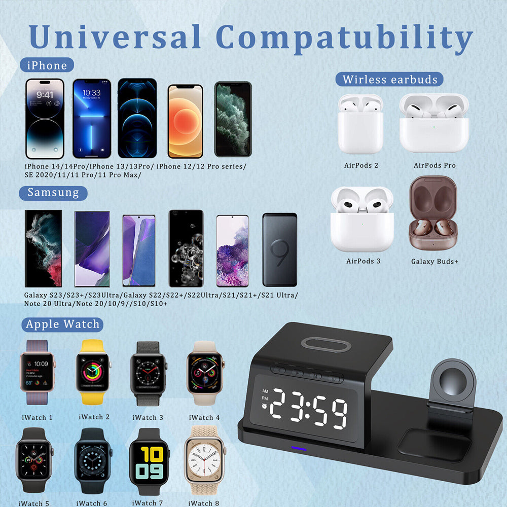 5 in 1 USB Plug Wireless Charging Station with Clock for Phone Watch