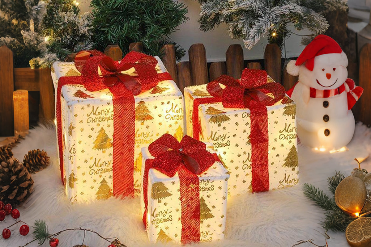 3PCS Christmas Lighted Gift Boxes With 8 Modes For Holiday Indoor Outdoor Decorations