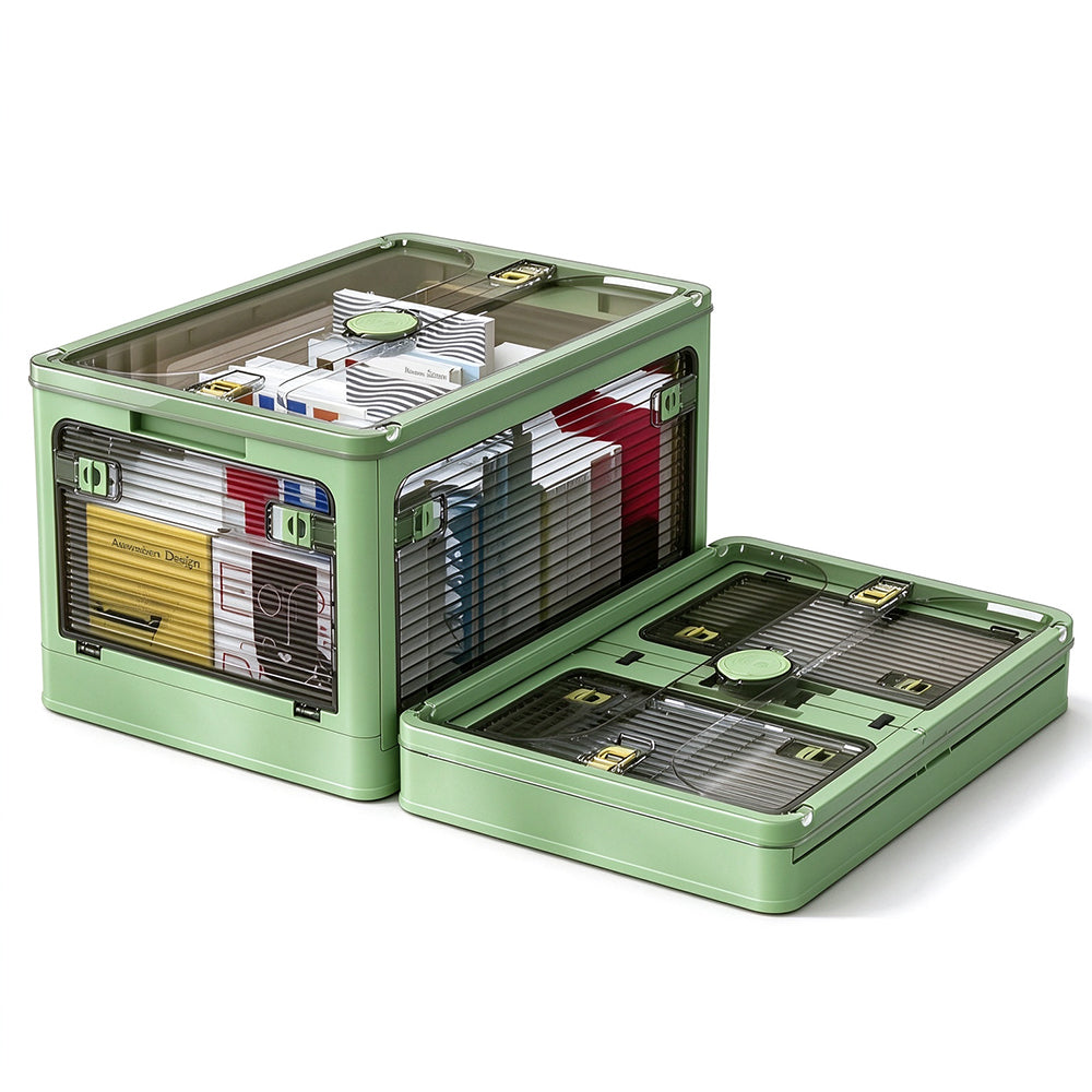 5 Door Transparent PP Foldable Storage Box with Wheels and Top Lid-Green