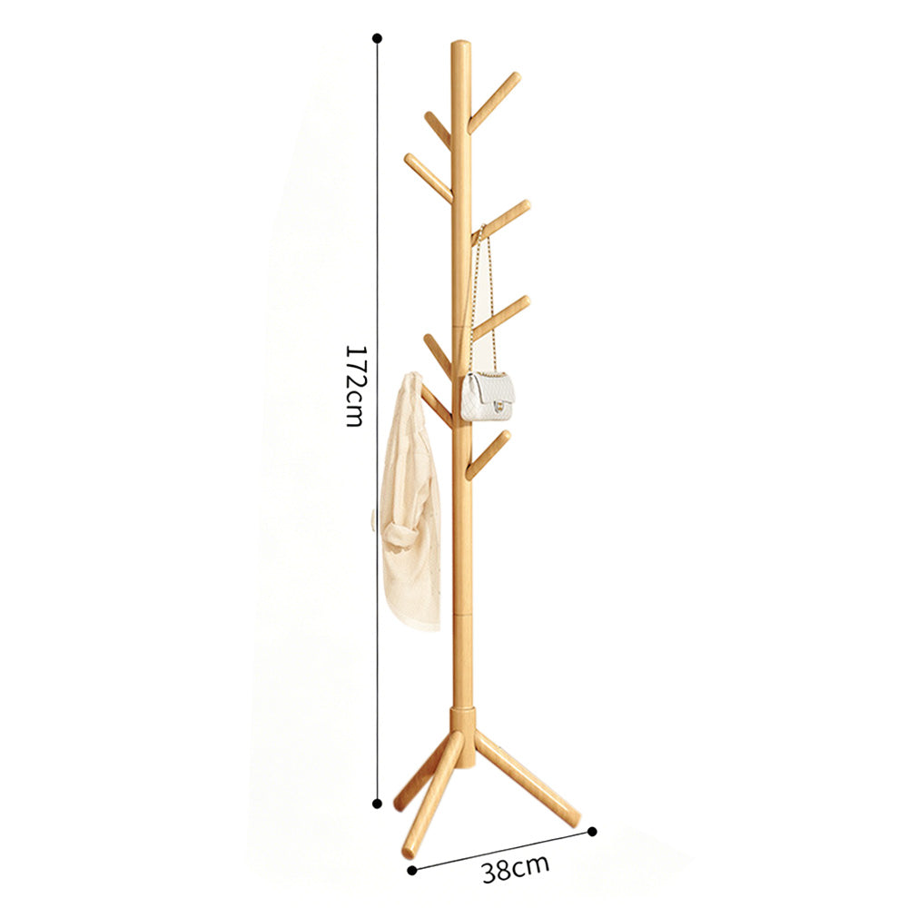Solid Wood Freestanding Coat Rack with 8 Hooks Tripod Base for Bedroom Entryway