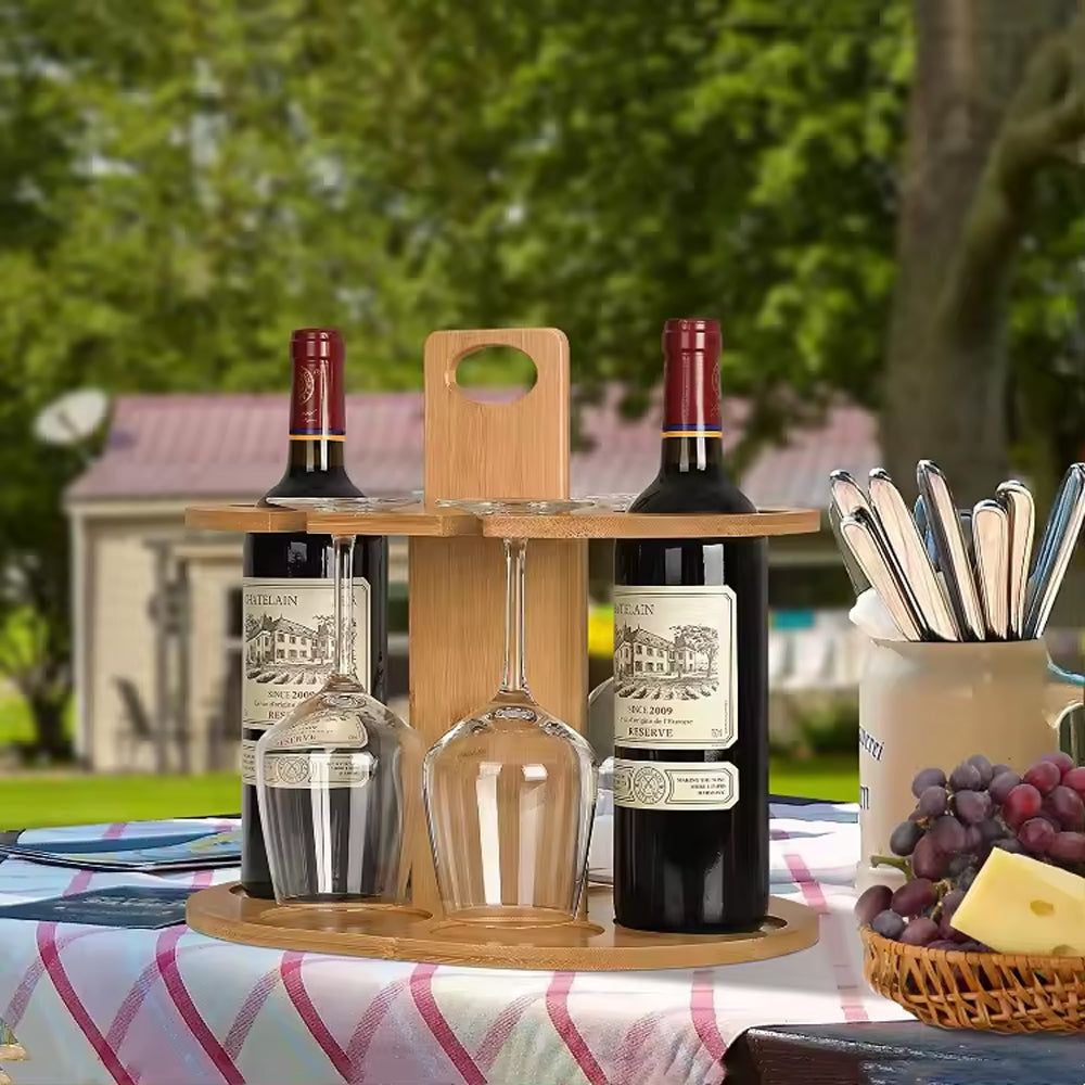Bamboo Wine Storage and Display Rack Holds 2 Bottles and 4 Glasses