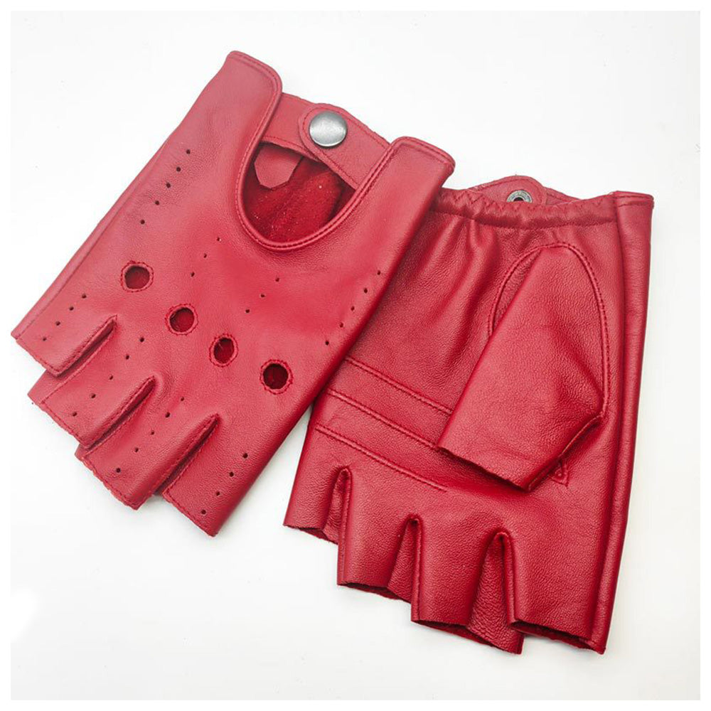 Mens Fingerless Leather Driving Gloves for Motorcycle Riding-Red