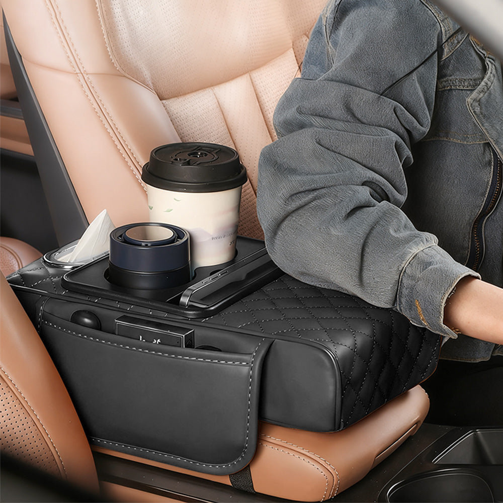 Car Armrest Cushion Organizer with Cup Holder Multi Functional Center Console Booster Pad