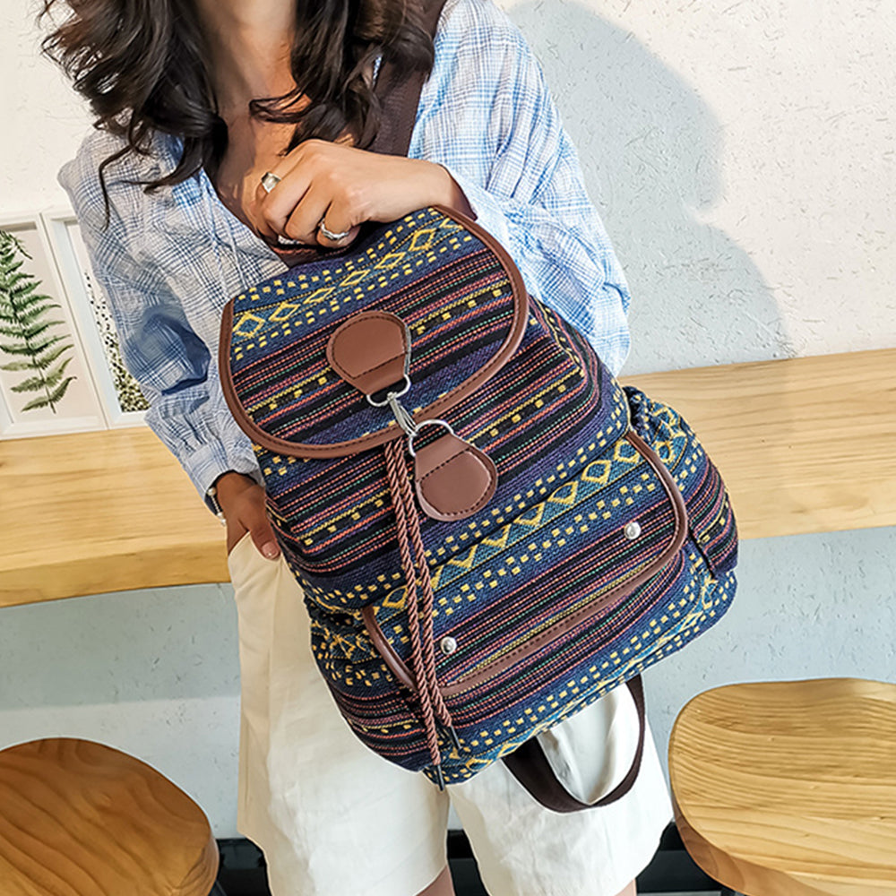 Boho Style Flap Drawstring Backpack