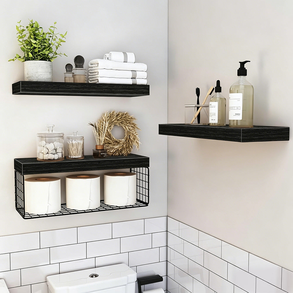 3 Tier Bathroom Shelf Wall Mounted Floating Shelf with Storage Basket