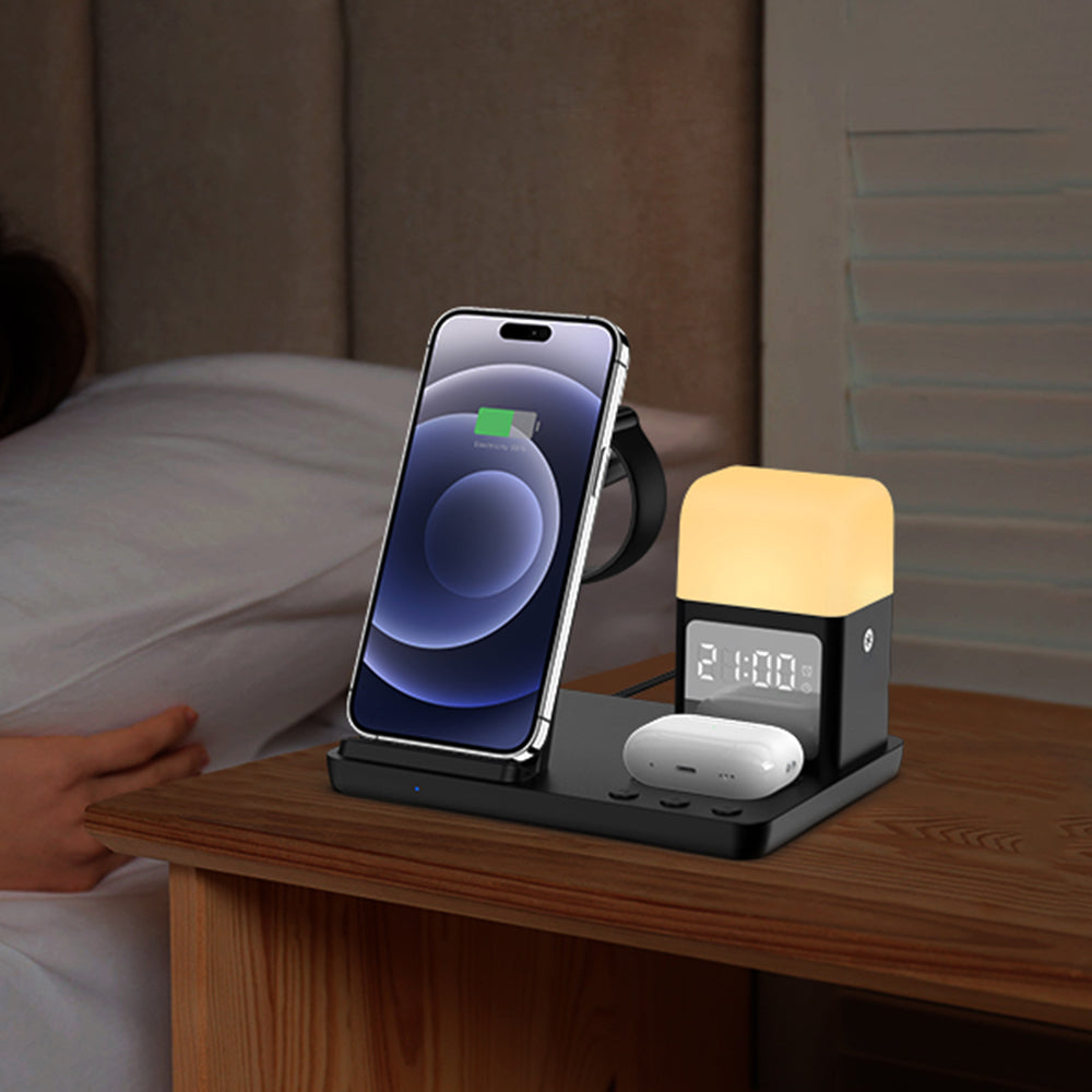 6-in-1 Wireless Charger with Alarm Clock and Night Light for Smartphone/Watch/Earbuds