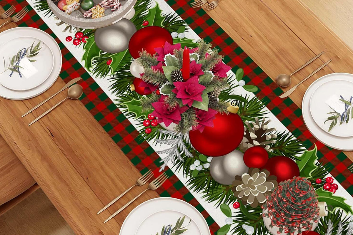 Linen Christmas Table Runner Long Farmhouse Holiday Home Kitchen Table Decorations