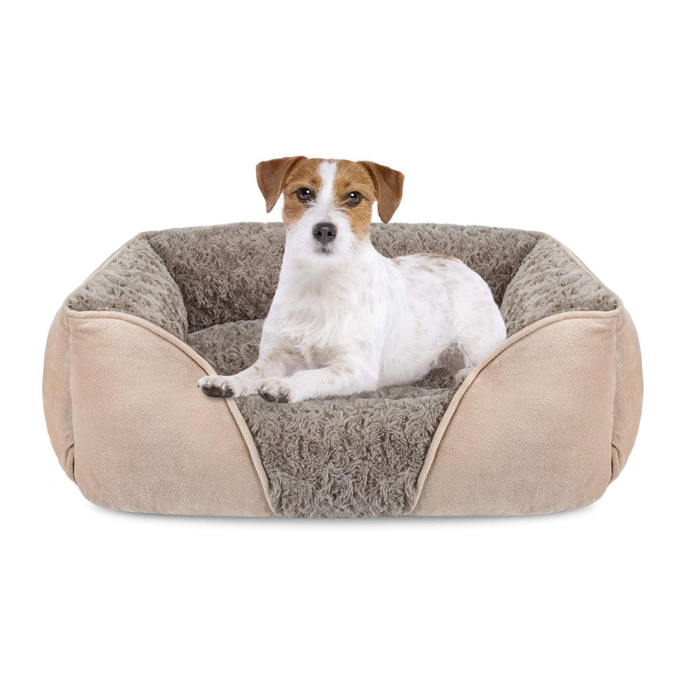 Soft Plush Pet Bed with Raised Sides Calming Nest-Camel