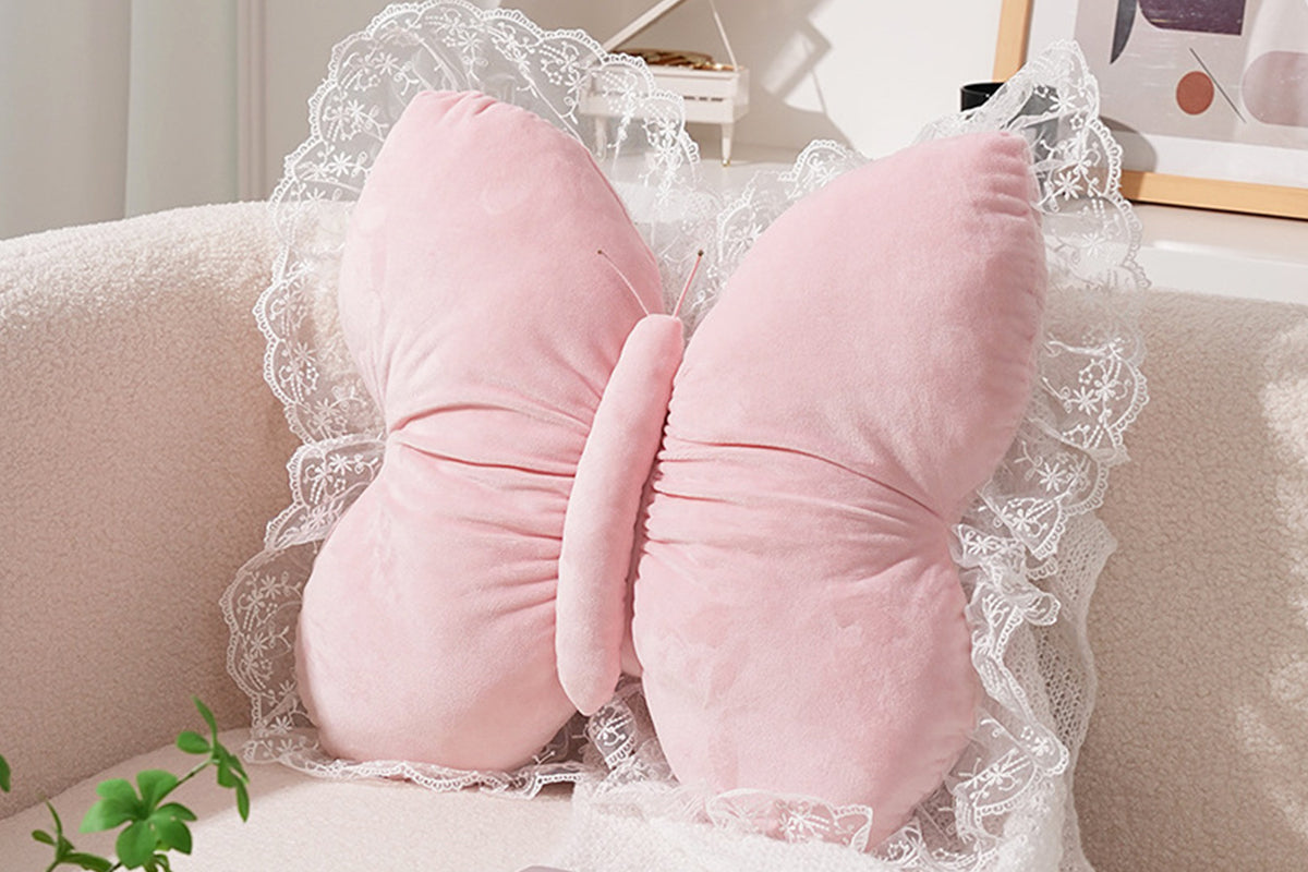 Butterfly Shape Throw Pillow with Lace Ruffle Trim Decorative Cushion Home Decor Cushion Butterfly Velvet Throw Pillow