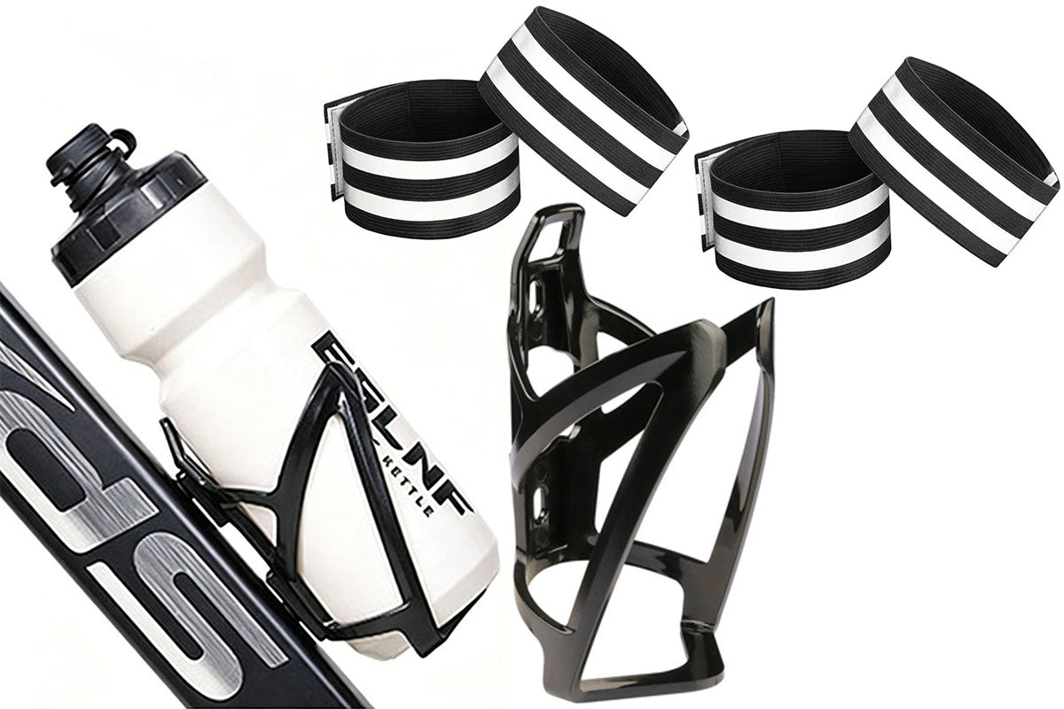 2 Bike Water Bottle Holders with 2 Pairs Anti-Rolling Cycling Reflective Pant Bands