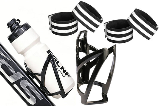 2 Bike Water Bottle Holders with 2 Pairs Anti-Rolling Cycling Reflective Pant Bands