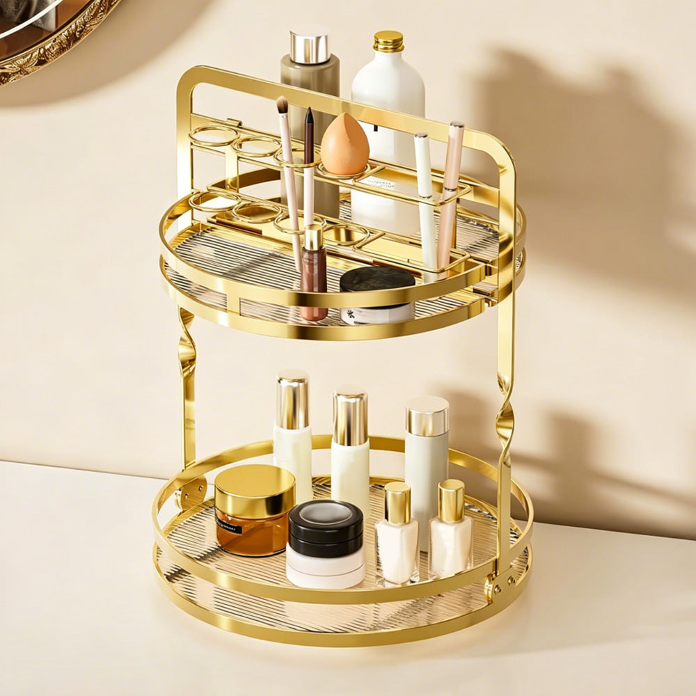 Rotating Makeup Organizer Double Layer with Brush Holder for Skincare Perfume