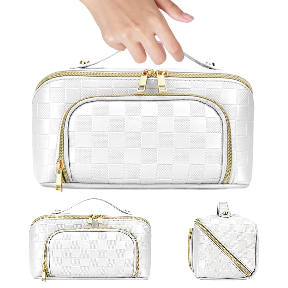Large Capacity PU Leather Water-Resistant Checkered Cosmetic Bag Travel Makeup Bag