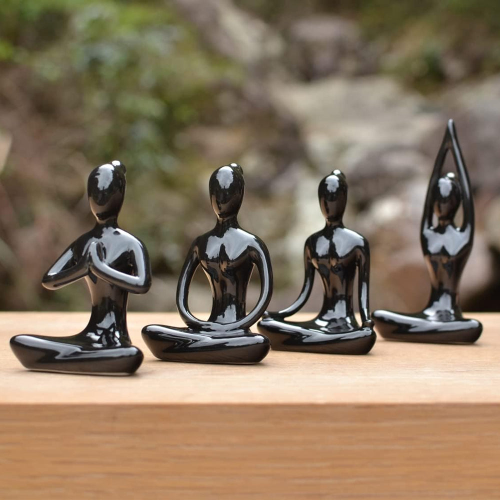 4Pcs Black Ceramic Yoga Pose Statue Sculpture