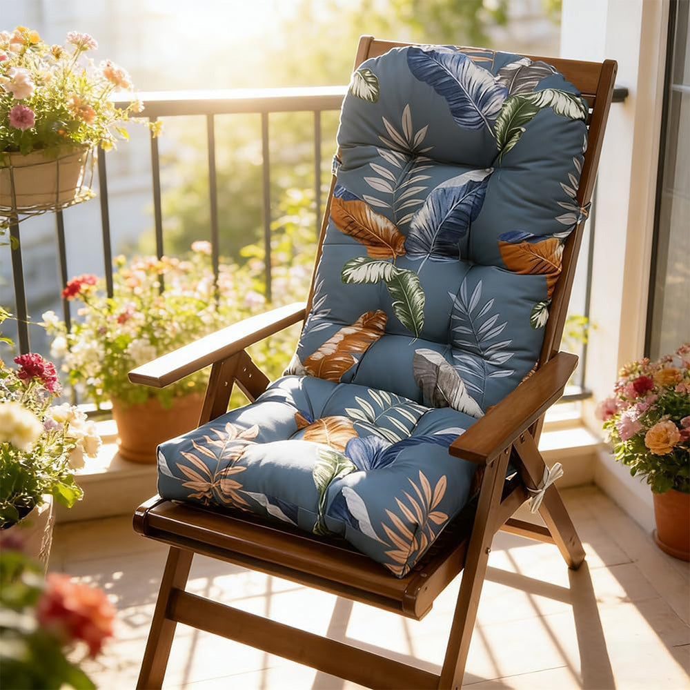High Back Rocking Chair Cushion Water Resistant Outdoor Seat Pad with Ties-Blue