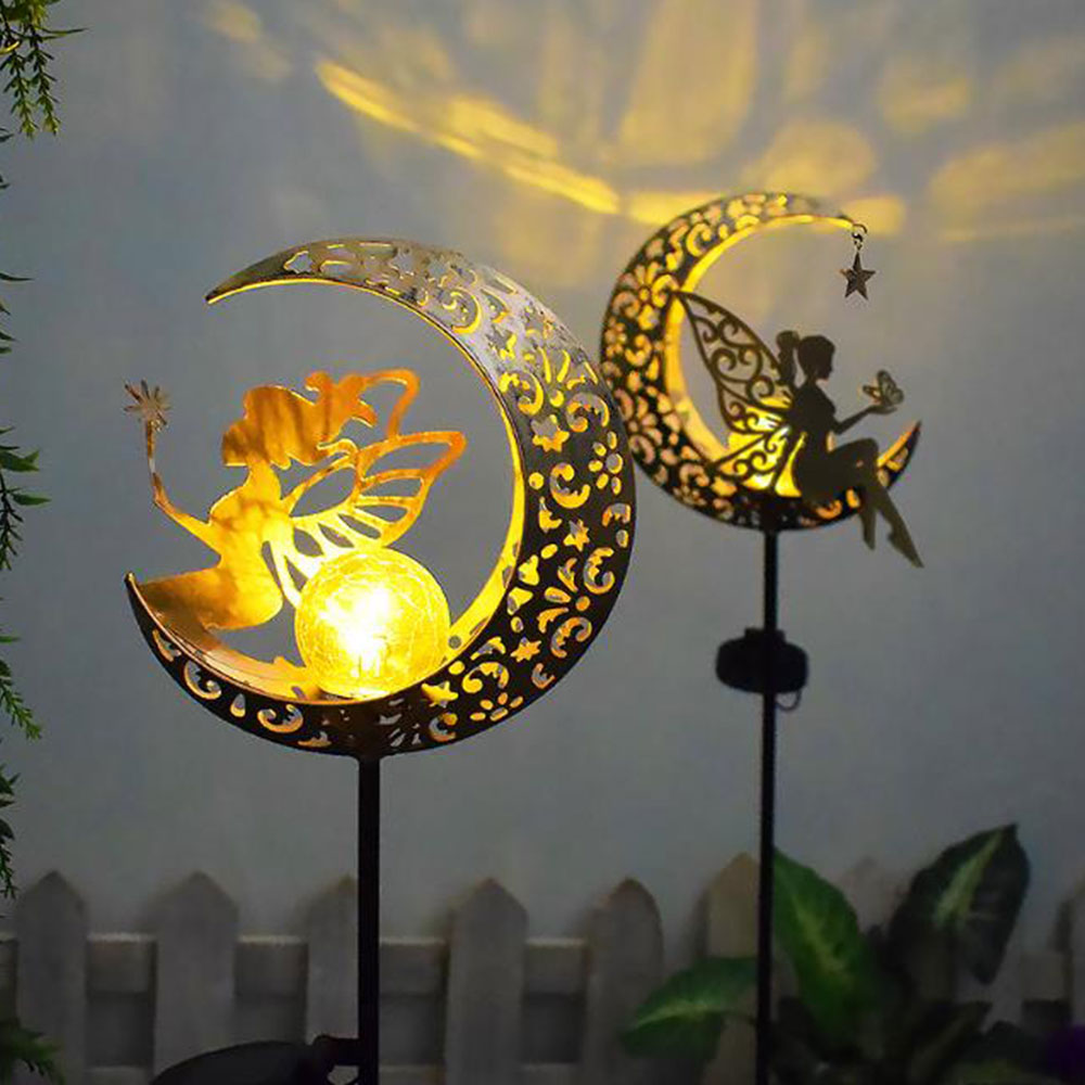 Iron Solar Garden Statues Outdoor Decor Fairy Figurine Light Stake-Moon