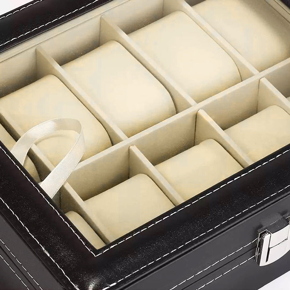 6/10/12 Grids PU Leather Watch Box Organizer Display Case with Lock