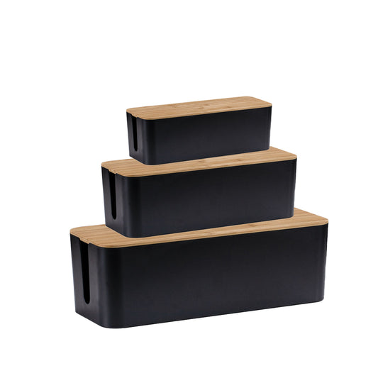 3Pcs Bamboo Lid Cable Management Storage Box for Home and Office-Black, S, M, L