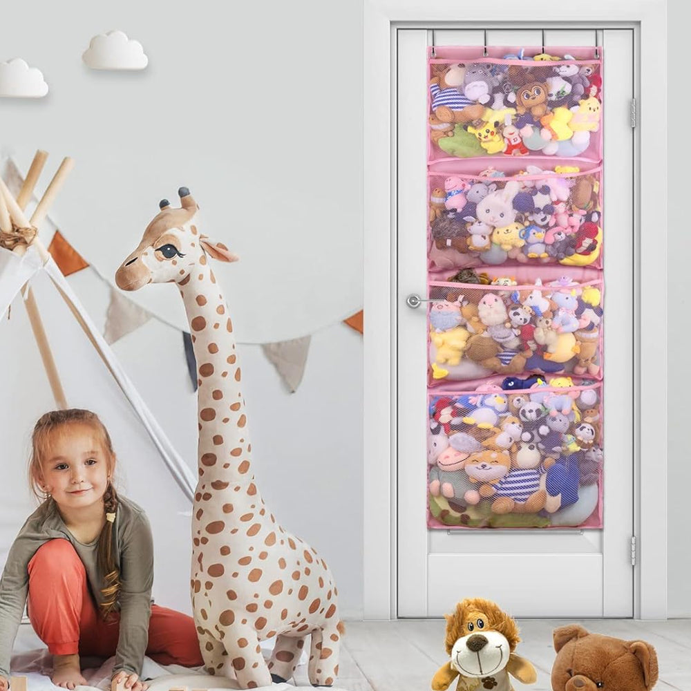 4-Layer Stuffed Animal Storage Hanging Mesh Bag Toy Organizer with Metal Hook