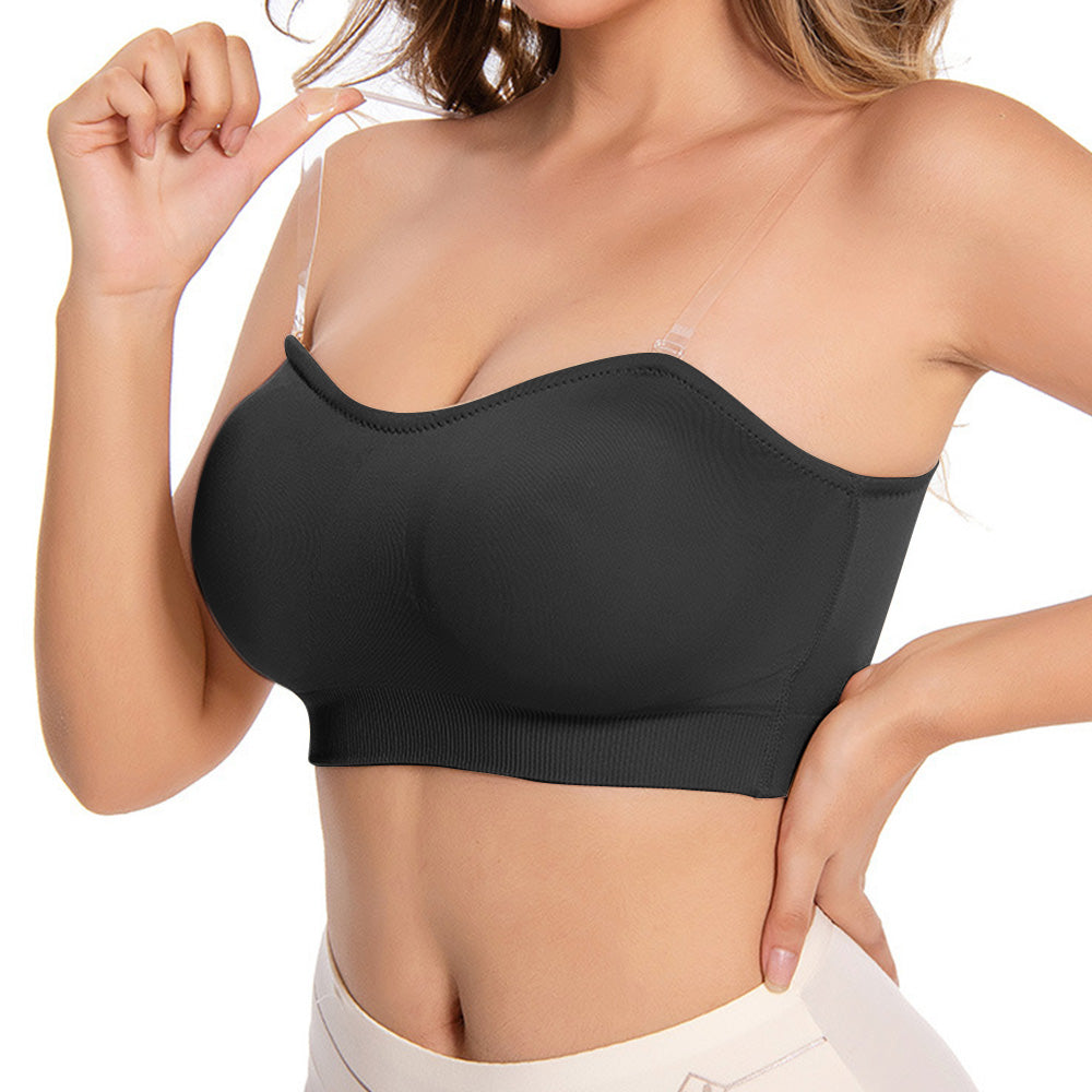 Women Strapless Wirefree Bandeau Bra with Removable Shoulder Straps-Black