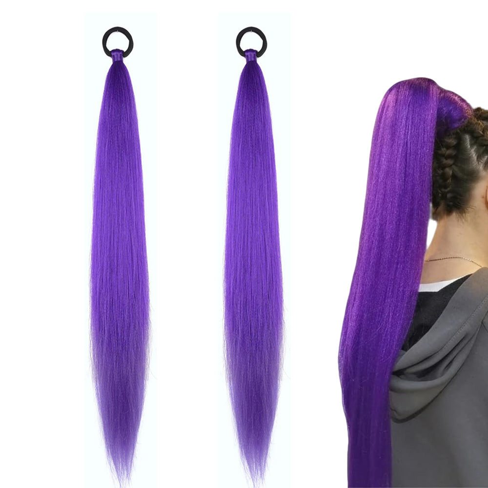 2PCS Purple Ponytail Extension With Elastic Tie Straight Sleek Wrap Around Braid