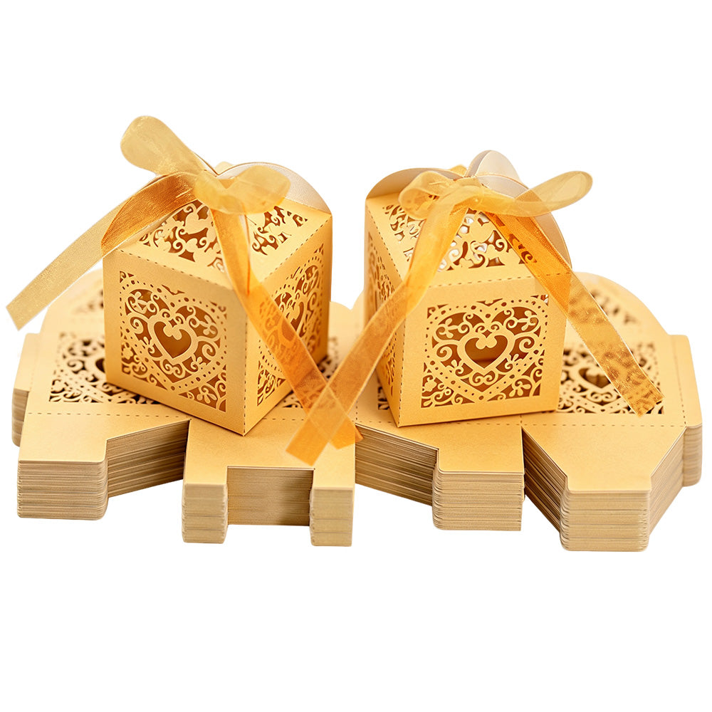 2X 50 Pack Laser Cut Pearl Paper Candy Favor Boxes with Ribbons
