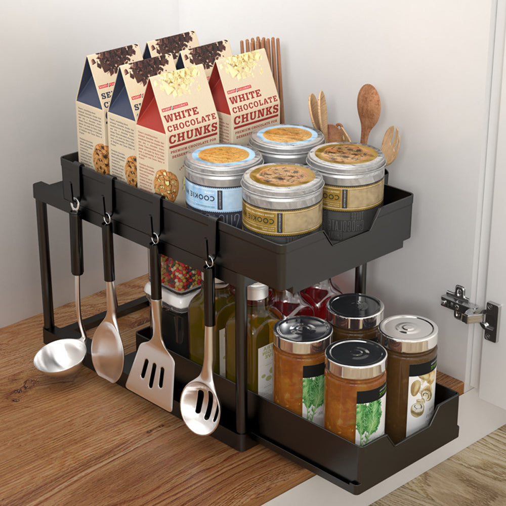 2 Tier Bathroom Cabinet Shelf Organizer Double Sliding Storage Rack with Hook