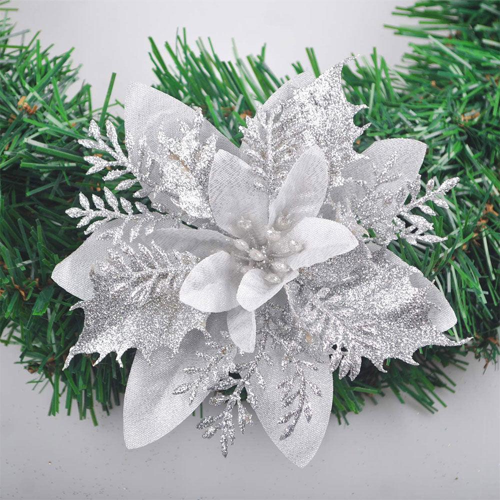 12Pcs Christmas Glitter Poinsettia Artificial Flower with Clip and Stem