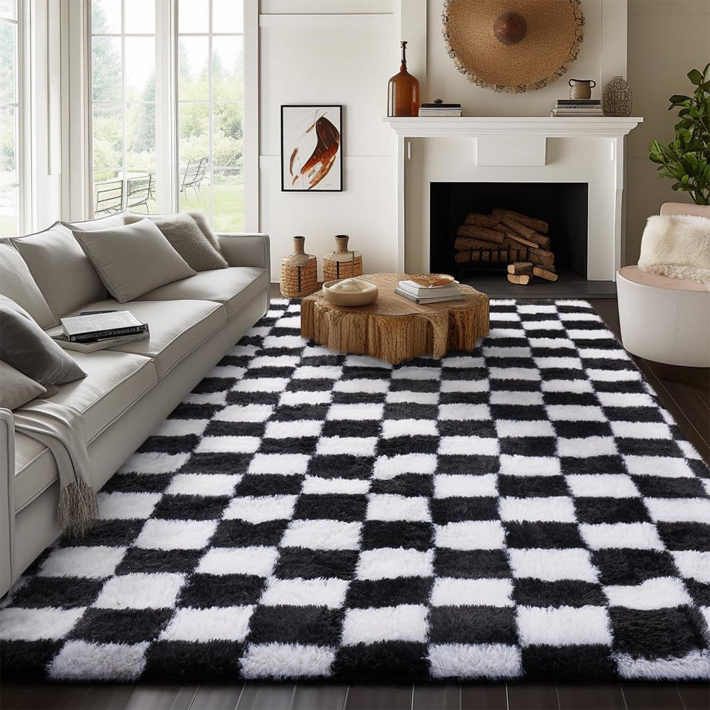 Soft Plush Shaggy Rug Checkered Thickened Non Slip Carpet for Living Room Bedroom