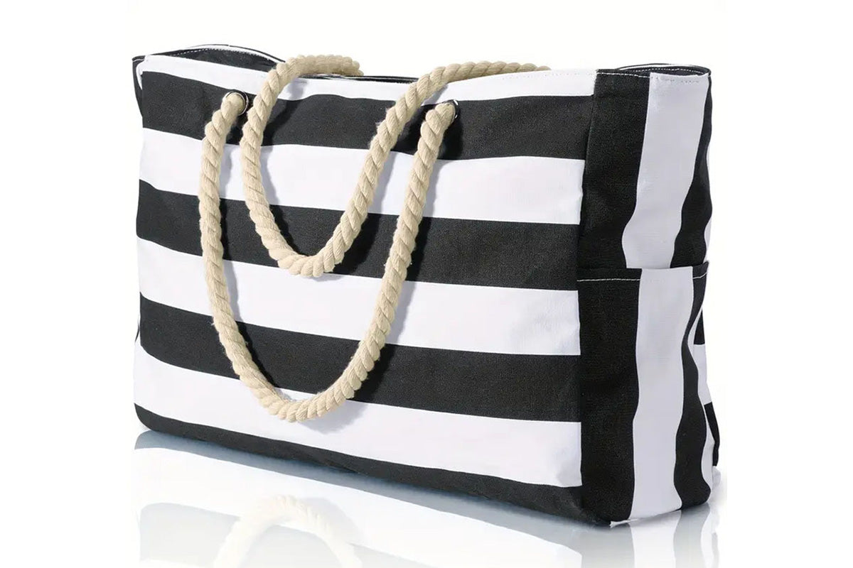 Large Zipper Beach Bags Striped Tote Bag For Travel Outdoor Vacation