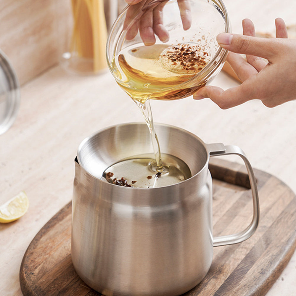2L Stainless Steel Oil Strainer Storage Pot with Filter Mesh and Cover
