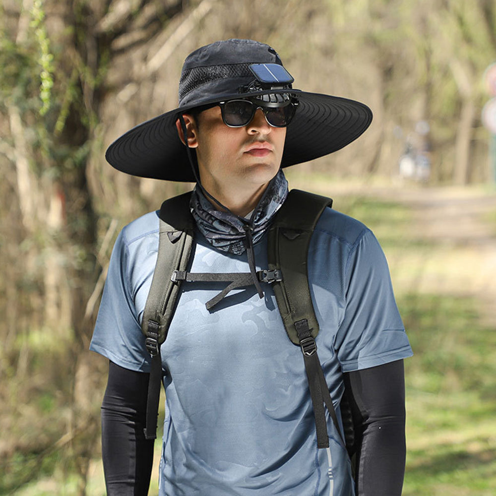 Outdoor Wide Brim Sun Hat with 2 Solar Fans Fans