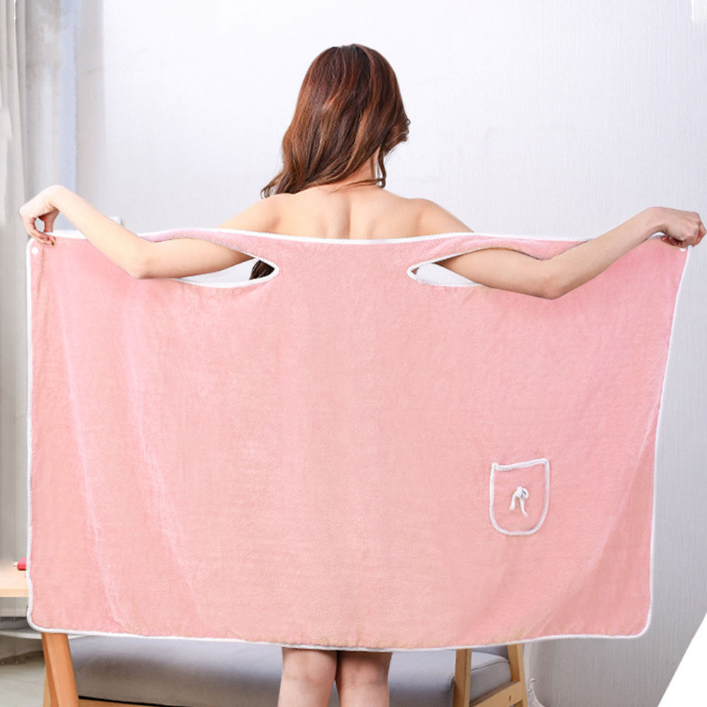 135x80CM Coral Fleece Bath Towel Wearable Wrap Absorb Bathrobe With Pocket